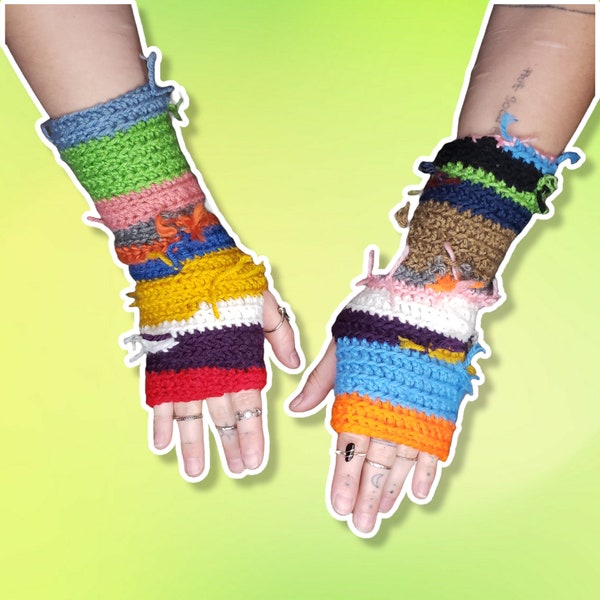 KIERA // handmade ooak crochet scrappy yarn multicolor striped long fingerless gloves wrist warmers mismatched pair unisex osfa