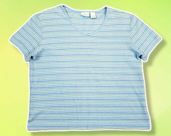 Petite M - Sonoma Life + Style pastel blue, yellow, white striped knit short sleeve tee t-shirt shirt top v-neck cropped cute summer y2k