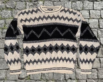 Suéter de punto Tony Lambert estilo años 90, estilo vintage, con estampado de rombos multicolor y zigzag, de algodón, talla XL.
