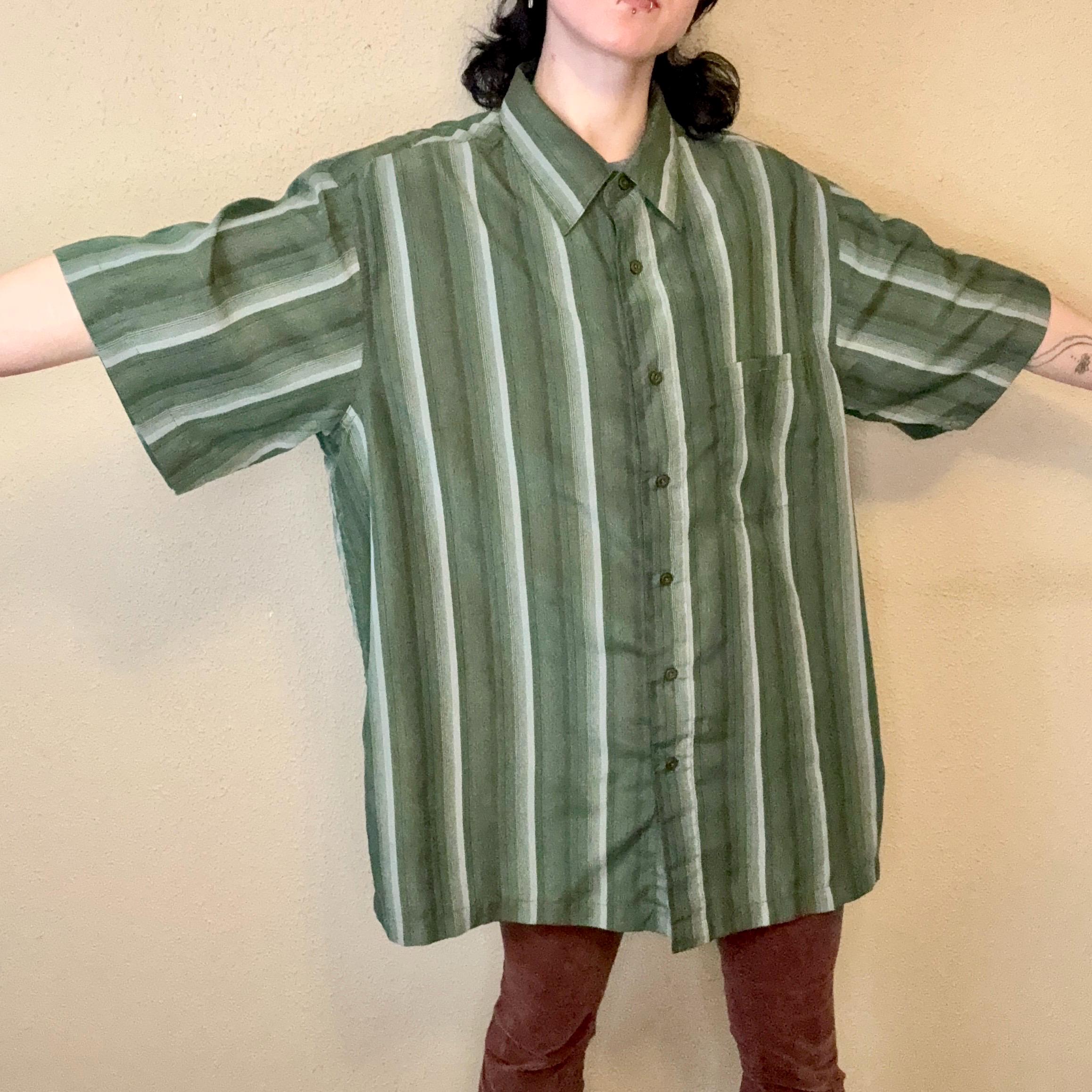 Haggar y2k green striped short sleeve button down collared polo shirt Men's XL