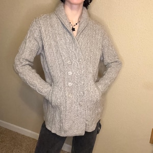 Aran Crafts Ireland merino wool cabled knit cardigan sweater double breasted M/L