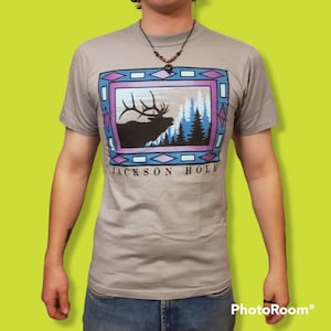 S - Jerzees &quot;Jackson Hole&quot; Wyoming vintage 1989 grey/gray blue purple black moose graphic print short sleeve men&#39;s tee shirt top t-shirt 80s