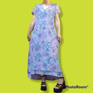 L - Positive Attitude // precious 90s vtg floral print layered maxi dress v-neck sheer sleeves hi-low hem shoulder pads blue purple white