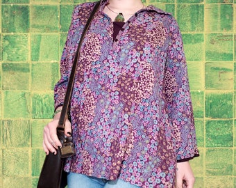 2X | Krazy Kat | floral print 3/4 sleeve faux layered blouse shirt | Y2K | girly | boho | stretch | buttons | purple, yellow, blue, green