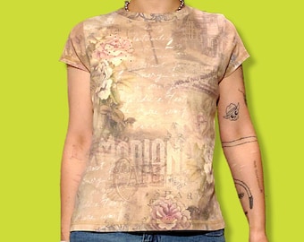 S - XCIT U.S.A. // cute y2k early 2000s pastel floral graphic print bedazzled tee flowers top shirt women's small white pink tan green beige