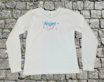 XS - « Angel Girl » adorable du début des années 2000 d'Indera, haut thermique en tricot gaufré blanc à graphismes scintillants, pull-shirt à manches longues, halo étoile rose bleu