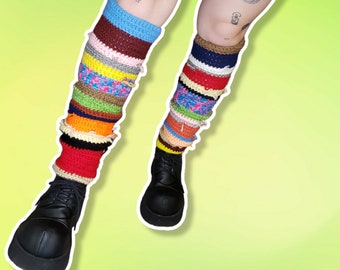 XS/S | LUCY | ooak handmade crochet scrappy yarn multicolor striped knee high tube legwarmers | mismatched pair | 100% acrylic yarn | 1 of 1