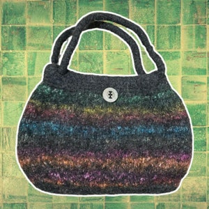 unbranded | super cute multicolor striped wool felted purse handbag | grey blue green yellow purple orange | velcro closure and a button