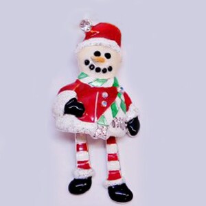 Bewegliche Beine Schneemann Brosche - Emaille & Silber Ton - Urlaub Pin