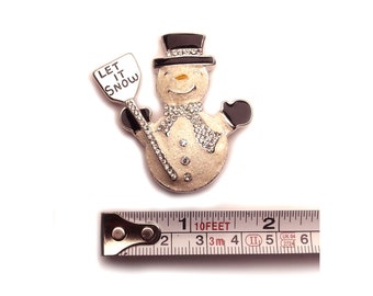 Glitter and Rhinestone Snowman Brooch Enamel and Silver Tone