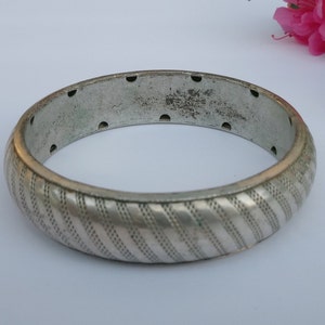 Rustic silver tone etched metal bangle - bracelet