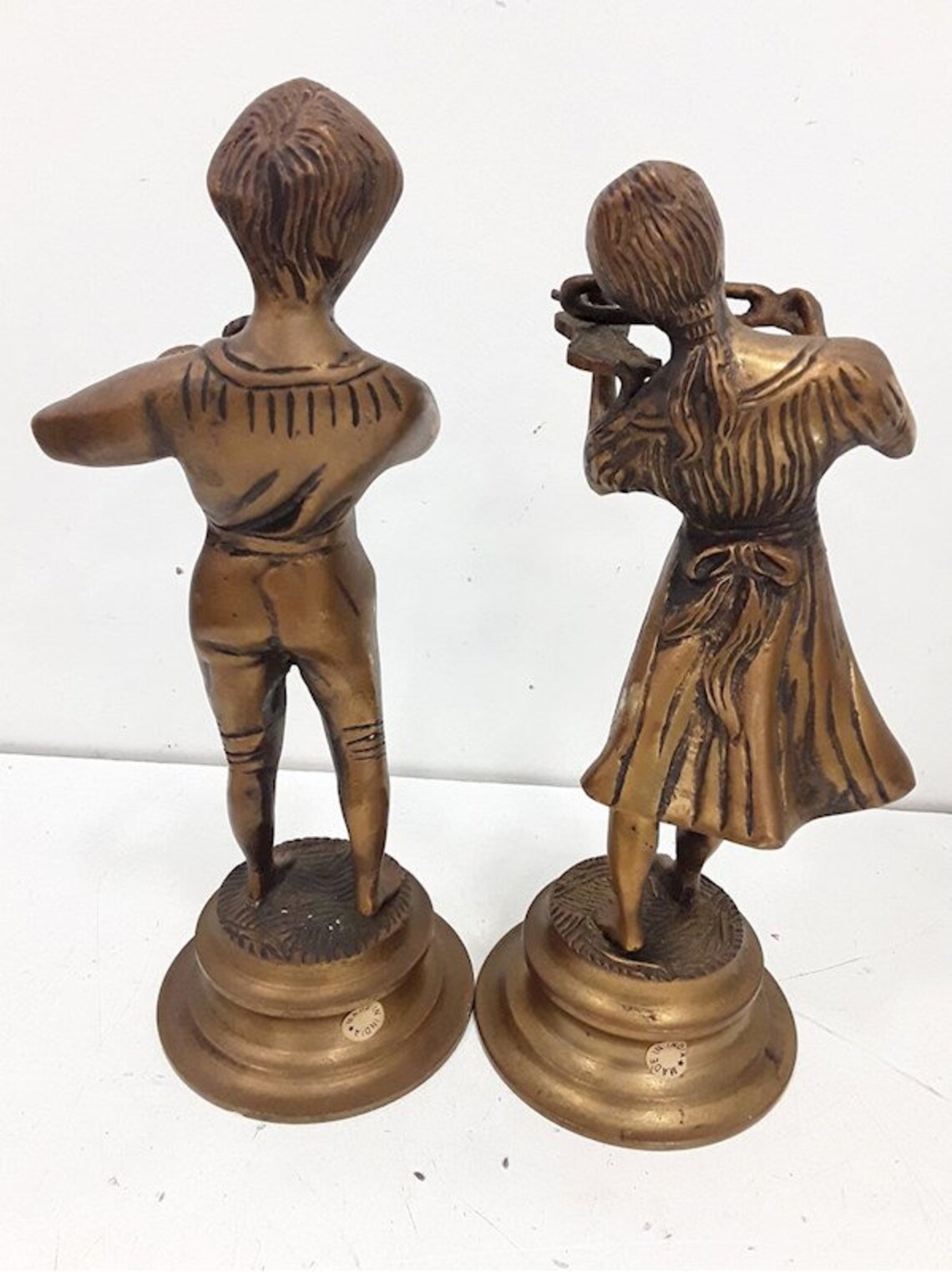 Brass Musician Boy and Girl Figurines Playing Violin & Flute Sculptures