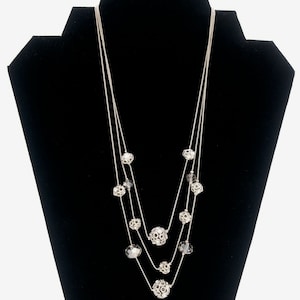 Triple Strand Necklace w/Crystal & Silver Tone Filigree Beads w/Rhinestones