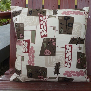 50's Retro Pillow, Cover in Reproduction Bark Cloth, Nostalgic Throwpillow, Fun Furniture Accessory Caramel Tower of Flower, 18"x18"(45cm) image 1