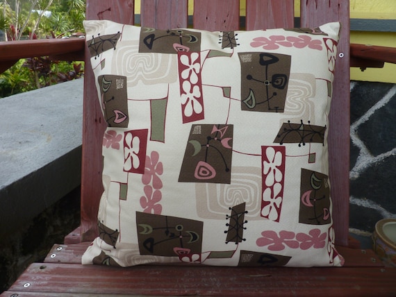 50's Retro Pillow, Cover in Reproduction Bark Cloth, Nostalgic Throwpillow, Fun Furniture Accessory Caramel Tower of Flower, 18"x18"(45cm)