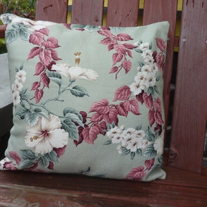 100% cotton Reproduction Bark Cloth Zippered Pillow Cover-Tutu&#39;s Trellis-Sage Background, lovely white Hibiscus and Mauve Leaved Vines