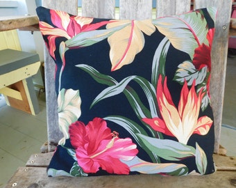 Hawaii Made Vintage look Bark Cloth, Zippered Throwpillow Cover, Cotton Floral Black-ground, Hibiscus and Bird of Paradise 18"-20"(45-51cm)
