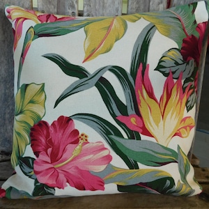 Contemporary Vintage look, Hawaiian made Pillow Covers, Bird of Paradise, Hibiscus, Leaves, Nostalgic Cotton Barkcloth, Tropical Flowers