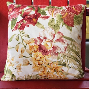 Hawaiian Cushion Covers, Floral Pillowcase, Multicolored Washable Cotton Barkcloth, Hamakua Garden Print, Pretty Stylized Tropical Flowers