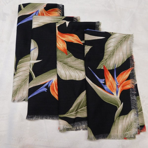 Hawaiian Print Bird of Paradise Bark Cloth Napkins, Fringed Cotton Napkin, Washable Cotton Serviette, Reuseable Dinner Linens, Floral Napkin