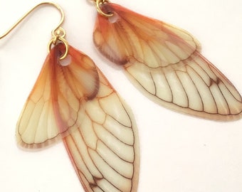 Grown up fairy wing earrings, for the serious fairy, Cicada wing earrings, gold plated steel hooks, semi transparent realistic wing earrings