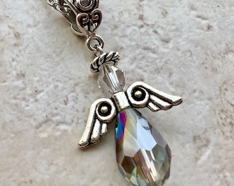 Elegant Guardian Angel Crystal Pendant Gift Necklace: Unique Beaded Ethereal Angel with Chain