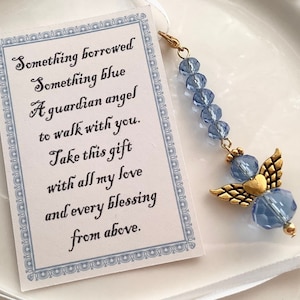Bouquet Charm, Blue Angel for the bride, something blue wedding day gift guardian Angel charm with ribbon, to carry down the aisle