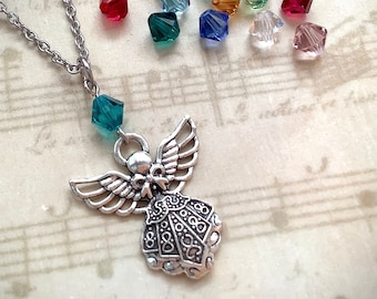 Birthstone Guardian Angel Necklace: Silver Tone Crystal Pendant