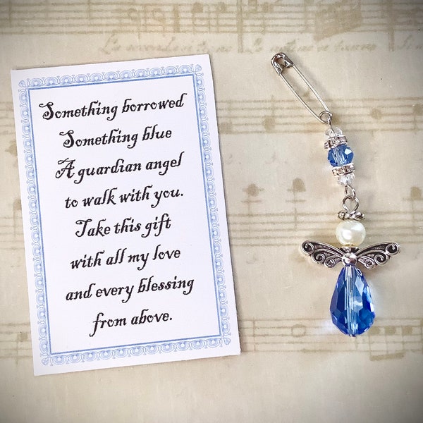 Something Blue Glass Wedding Bouquet Angel w/Card Wedding Dress Angel, Guardian Angel Bridal Shower, Angel for bride pin, Arrives Gift Boxed