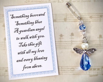 Something Blue Glass Wedding Bouquet Angel w/Card Wedding Dress Angel, Guardian Angel Bridal Shower, Angel for bride pin, Arrives Gift Boxed