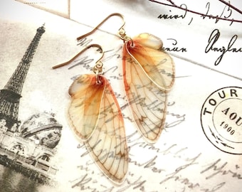 Fairy wing earrings, faerie wing earrings, Cicada wing earrings, gold plated steel hooks, semi transparent realistic looking wing earrings