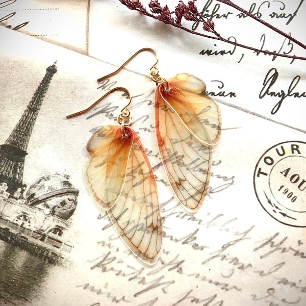 Fairy wing earrings, faerie wing earrings, Cicada wing earrings, gold plated steel hooks, semi transparent realistic looking wing earrings