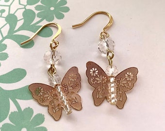 Delicate and dainty butterfly earrings, filigree lace look soft gold-tone butterflies, spring accessories, lightweight hypoallergenic