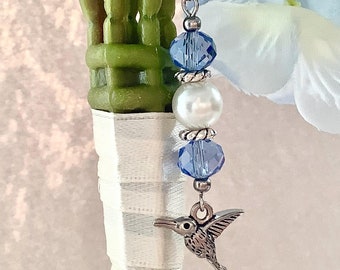 Something Blue Hummingbird Charm Pin for Bridal Bouquet, Pearl and Crystal Beads