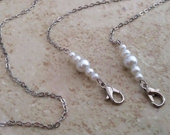 Graduated Glass Pearl Mask Chain: Silver Necklace Lanyard