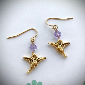 hummingbirdearring, Hummingbird Earrings, Gold Hummingbird earrings, light amethyst crystals