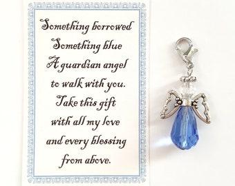 Sister’s Wedding Day Gift, Angel for the Bride, Blue Bouquet Charm, Something Blue Wedding Bouquet Angel w/Card, From Sister, From Brother