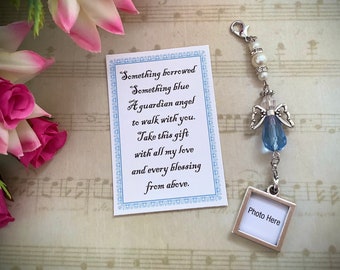 Wedding Bouquet Photo Charm, Something Blue Wedding Bouquet Angel w/Card Wedding Dress Angel, Guardian Angel Bridal Shower Gift, Bride Gift