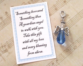 Bouquet Angel Charm -  Something Blue Glass Wedding Bouquet Angel w/Card Wedding Dress Angel, Guardian Angel Bridal Shower Gift, Bride Gift