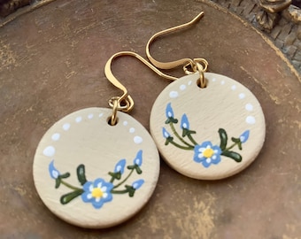 Hand Painted Floral Flower Wildflower Earrings, Mother’s Day, birthday gift, boho, cream, blue, white,Statement earrings for Valentine's Day