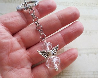Guardian Angel Keychain, Purse Charm with Clasp Claw, Clear Glass Beads, Beaded Angel, BFF Gifts, Teachers, Faith, Nurse Gifts, Bus Driver