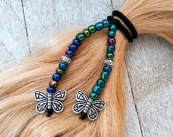 Beaded Hair Ties-Beaded Elastics For Hair-Pony Tail Jewelry-Hair Jewelry-Braids-Fancy Hair-Boho Dangles-Handmade-Girls-Women-Bands-Beads-Fun