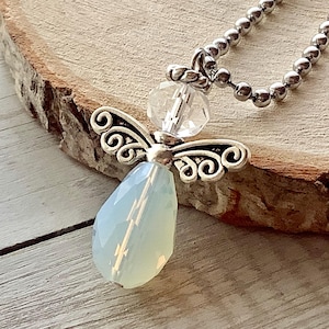 Guardian Angel Car Charm: Czech Opal Crystal, Silver Wings