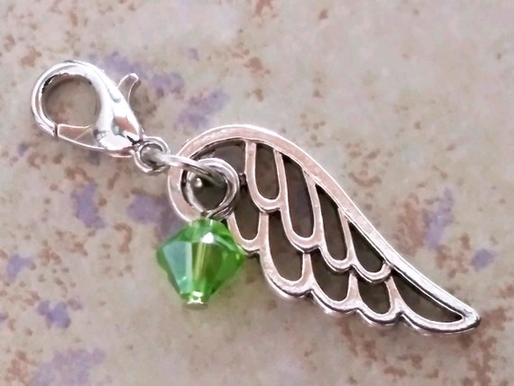 August Birthstone Charm-Angel Stitch Marker-Planner Charm-Peridot Colored Green Glass-August Birthstone Charm-Lobster Clasp Charm Necklace Pendant-Zipper Pull-Lobster Clasp Angel-Birthday-Baby Shower