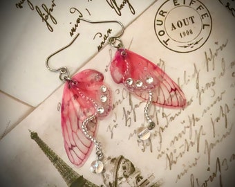 Pink Fairy Wing Earrings: Rhinestone Stainless Steel Hooks