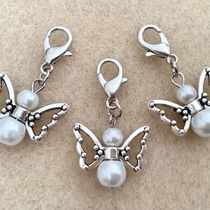 SALE Butterfly Angel Glass Pearl White Silver Zipper Charms Zipper Pulls, Clip on charms with lobster claw clasps, girls charms, gift charms