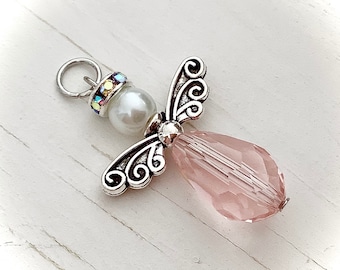 Pink Crystal Angel Charm: Tibetan Silver Wings, DIY Jewelry