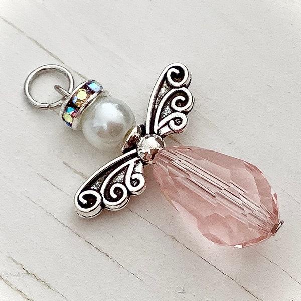 Angel Charm with Loop, Angel Pendant for necklaces, ribbons and more, add on charm, breast cancer awareness pink angel, crystal angel diy