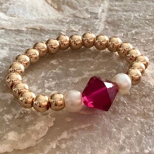 Stretch ring, gold filled beaded ring, Ruby crystal with tiny glass seed pearls, stackable ring, Valentine’s Day gift for her, dainty