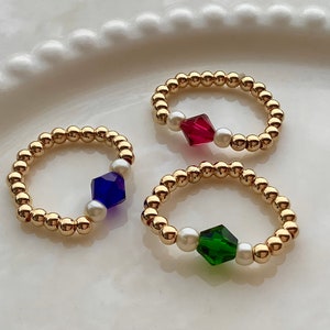 Stretch ring, gold filled beaded ring, Ruby, Emerald or Sapphire with tiny glass seed pearls, stackable ring, gift for her, dainty